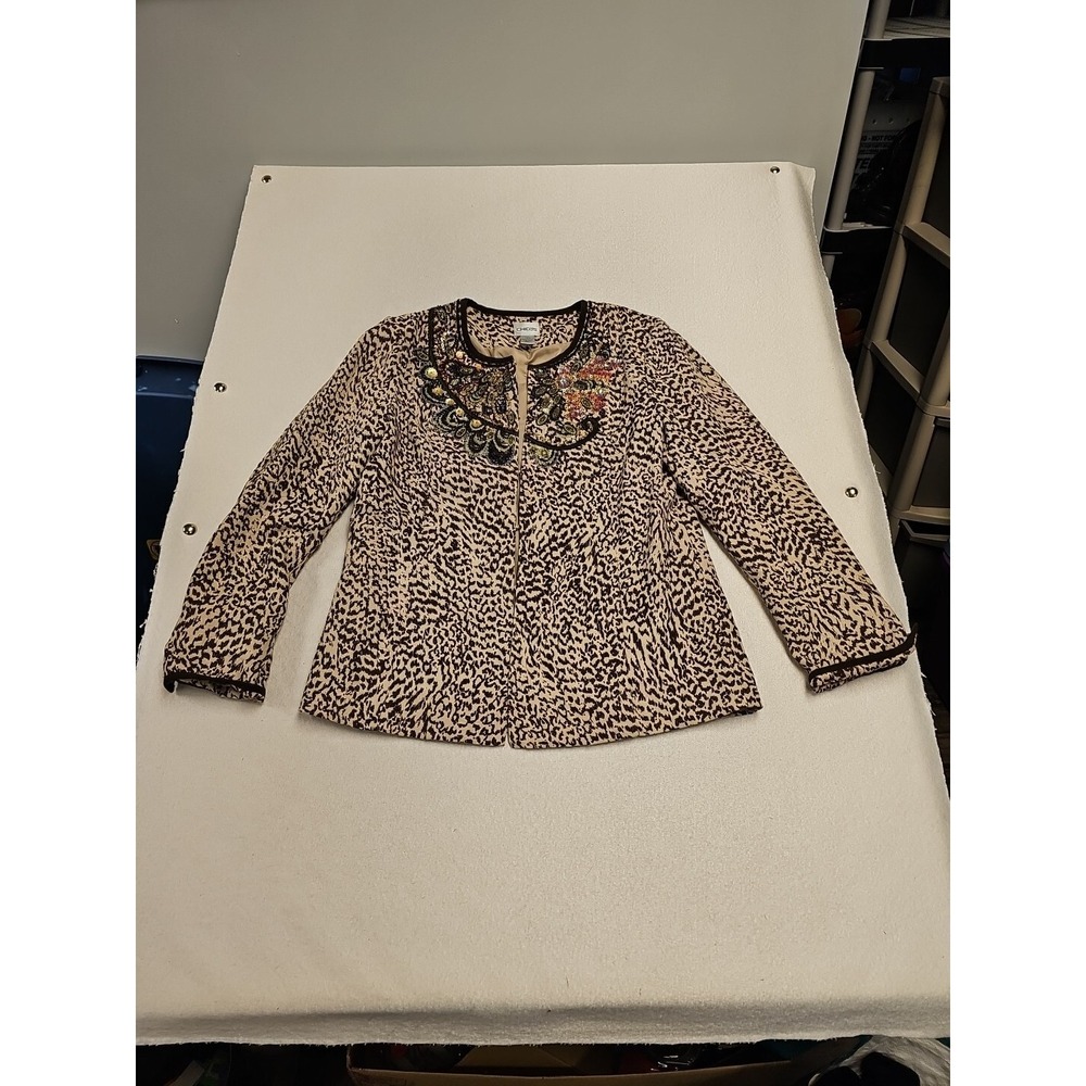 Chico's Size 1 Womens Medium Animal Print Sequin Lined Long Sleeve Blazer Jacket